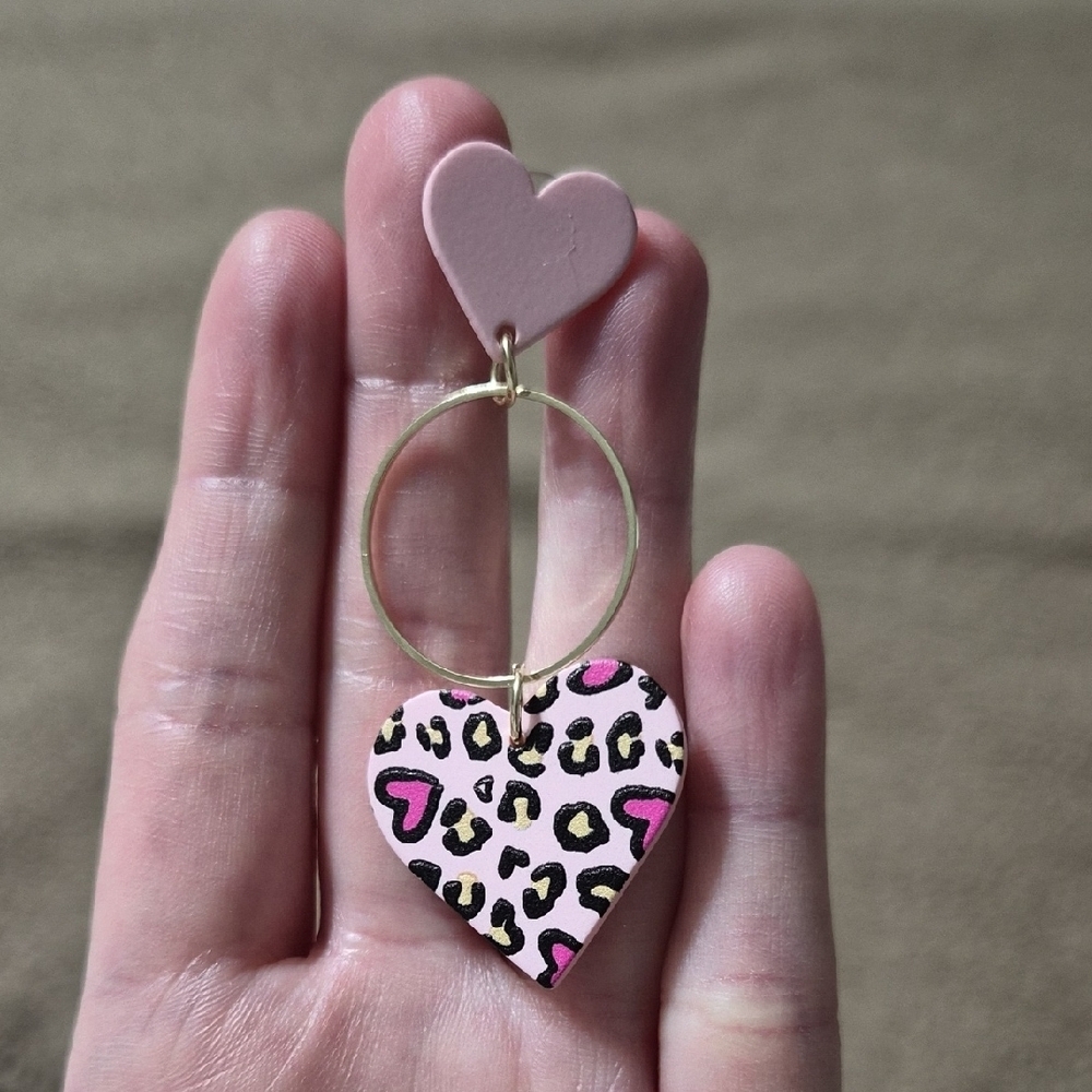 Pink Leopard Heart Earrings With Gold Dangle Hoop - Picture 5 of 5